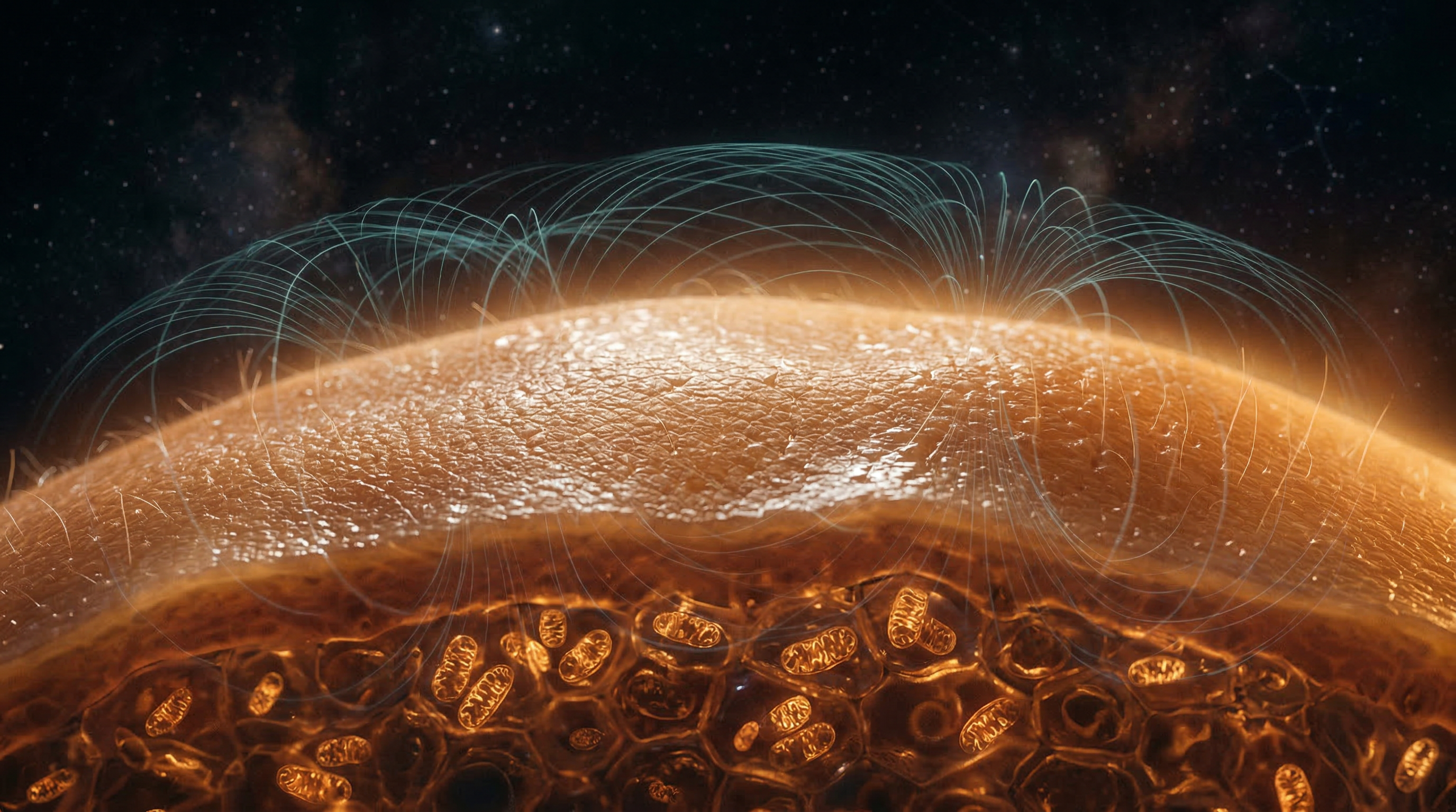 Microscopic view of skin surface with glowing magnetic field lines and amber mitochondria visible beneath