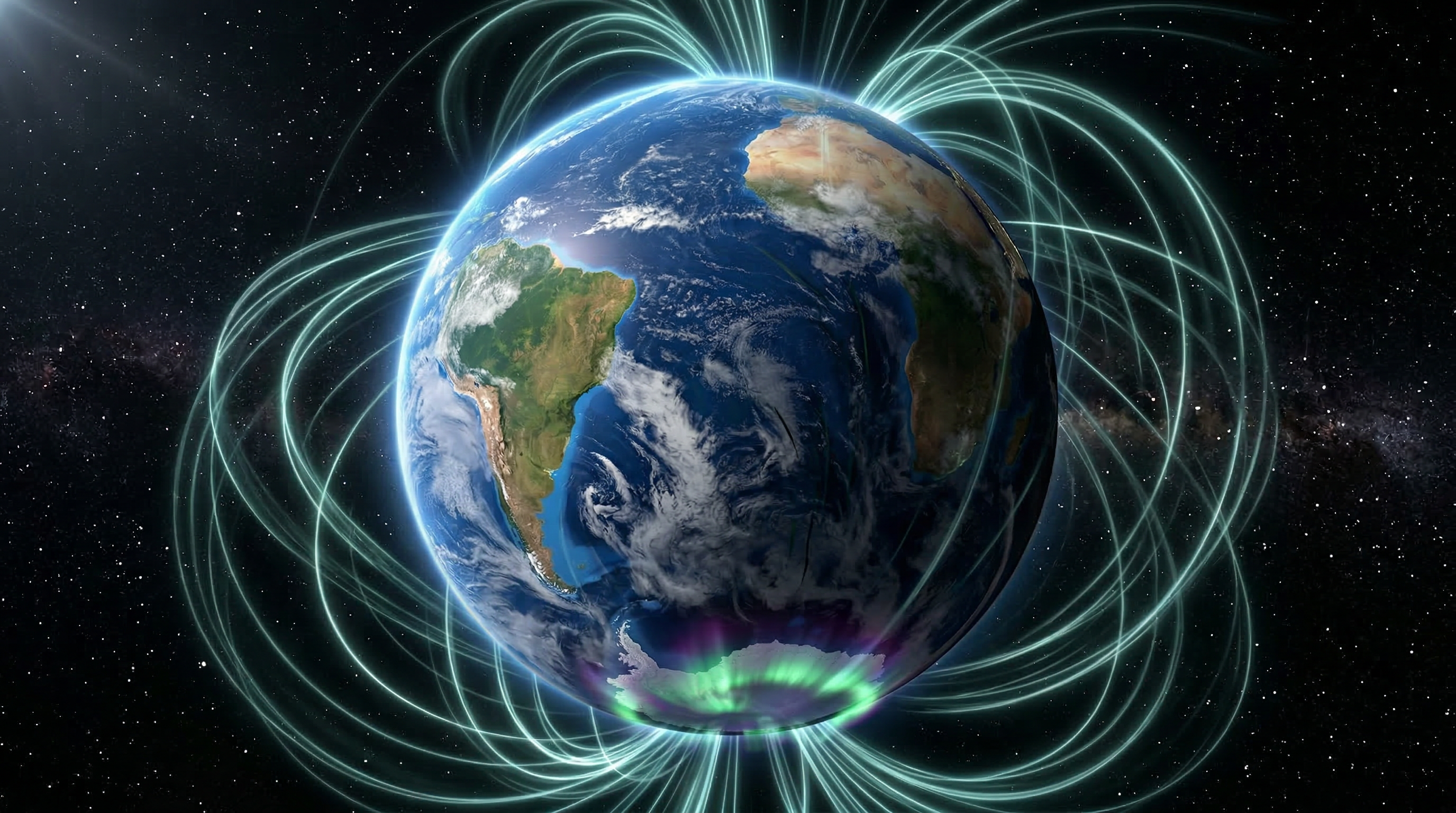 Earth from orbit with teal magnetic field lines showing the South Atlantic Anomaly weakness