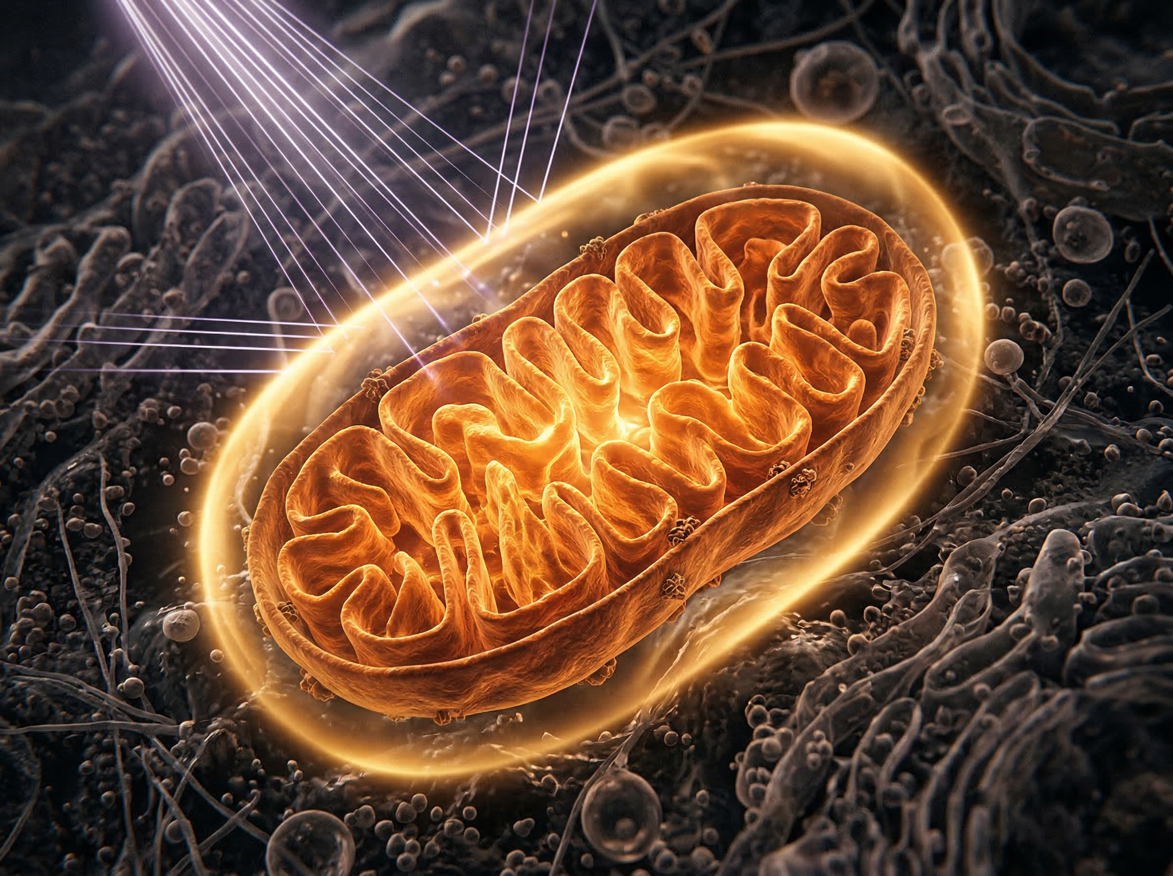 Cross-section of a single mitochondrion glowing amber with UV rays entering, showing cellular UV defence mechanism