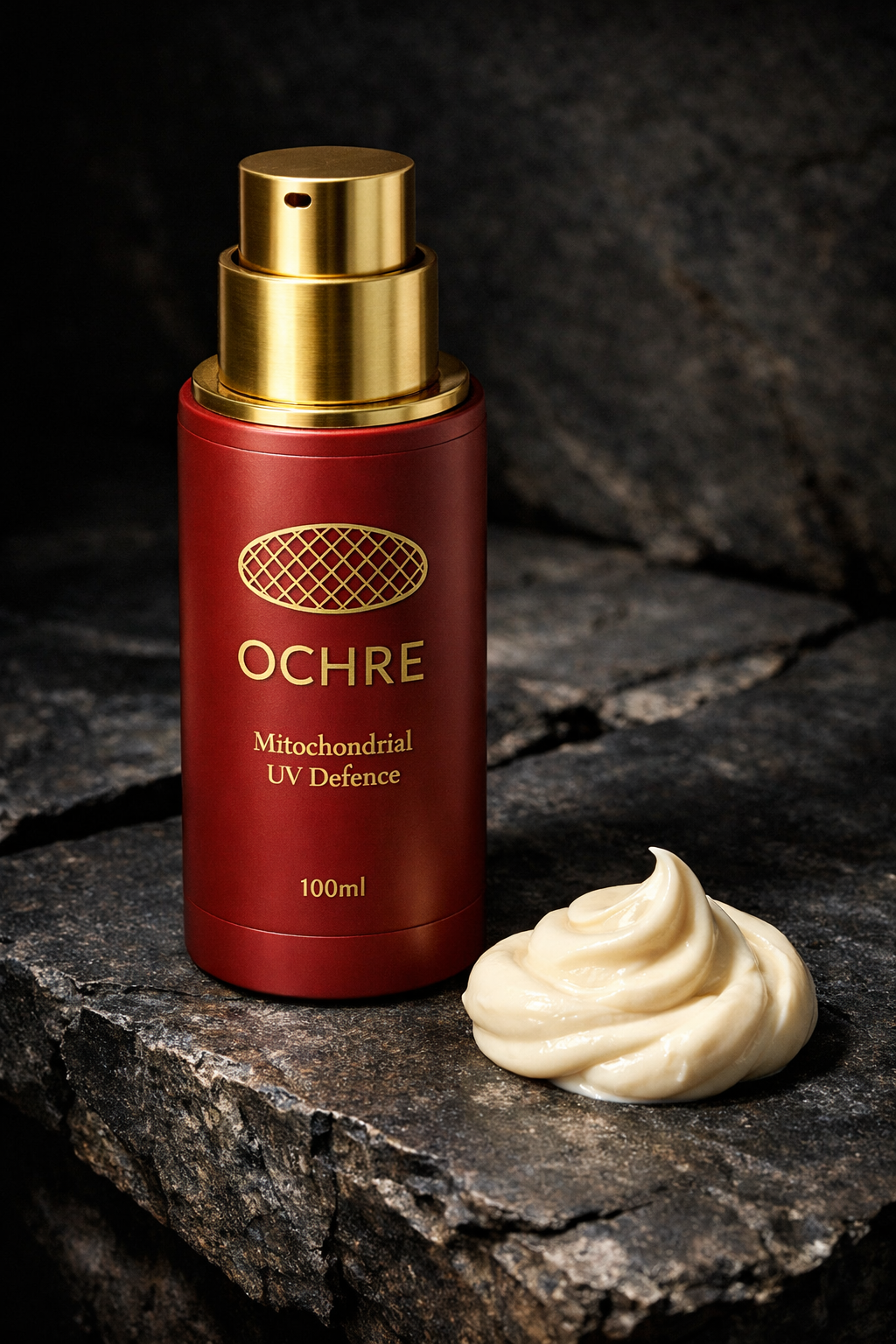 OCHRE 100ml airless pump dispenser — red oxide matte finish with brushed gold actuator