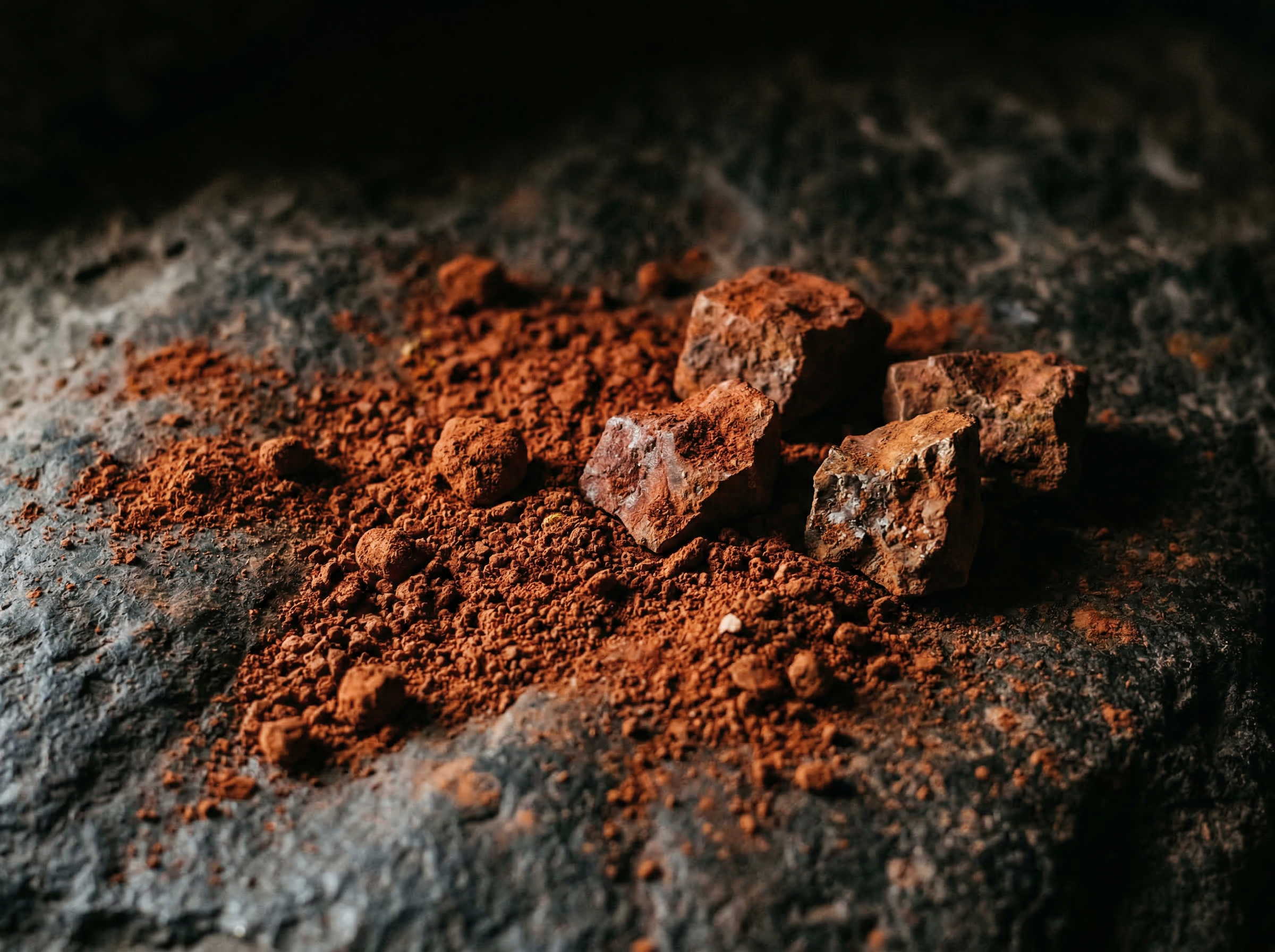 Macro photograph of terracotta ochre mineral pigment on dark stone — the ancient sunscreen